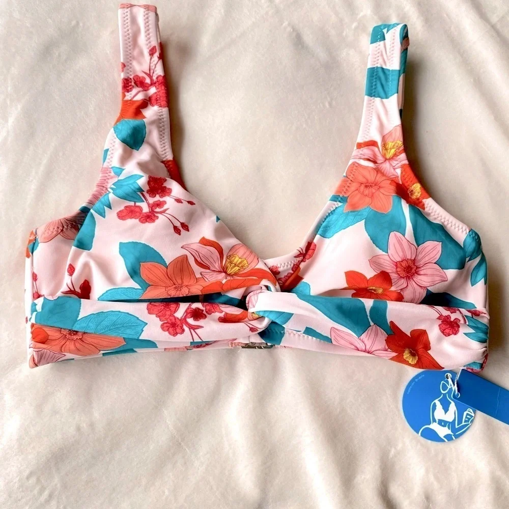 Cupshe Floral Bikini Top Pink Orange Teal Twist Front – Size Small NWT